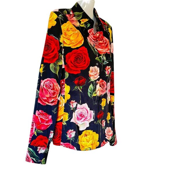 Dolce & Gabbana Fitted Long Sleeve Shirt Black Roses Print Handmade in Italy - Picture 2 of 11